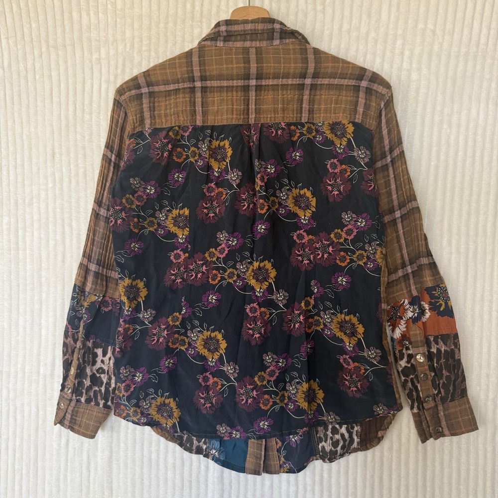 JOHNNY WAS Workshop Plaid Mix Floral Leopard Button Up Shirt Size XS Cotton Silk - Picture 3 of 10